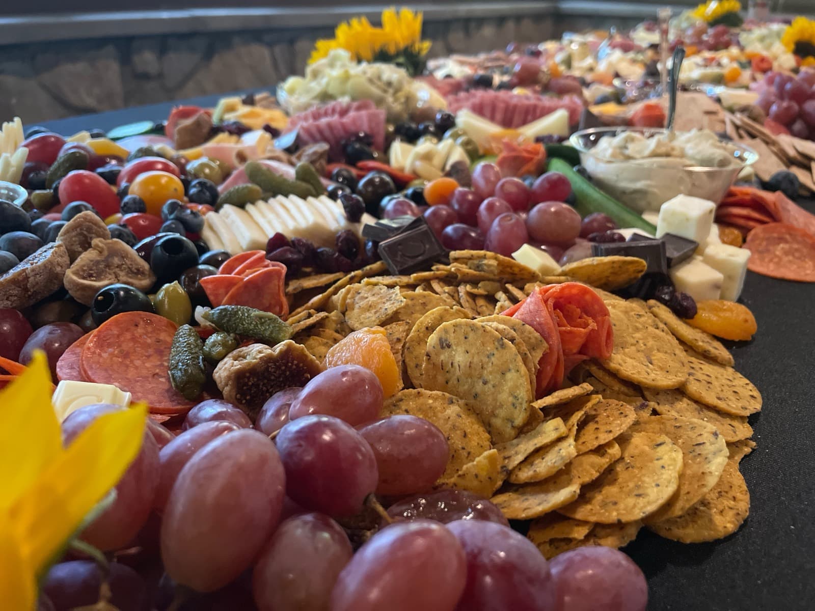 A close view of a prepared catering board.